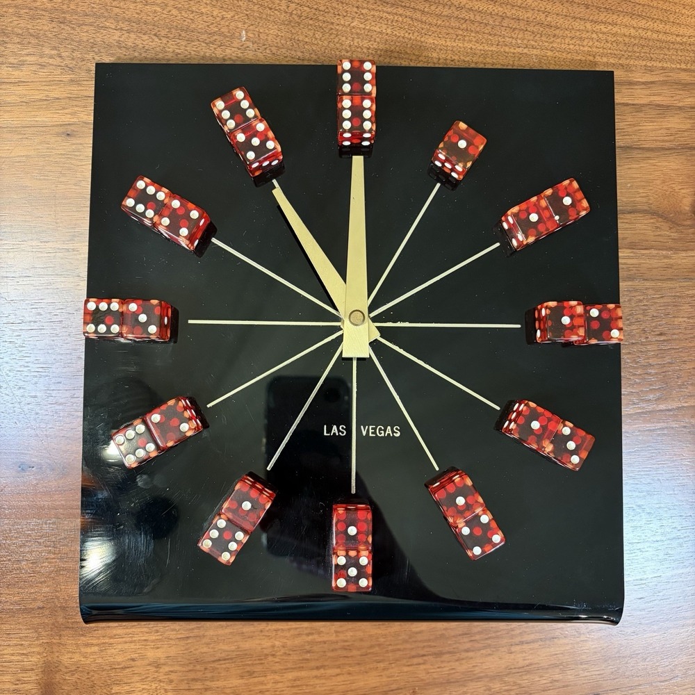 Vintage Las Vegas Red Dice Clock Black Acrylic Tabletop Japan Movement